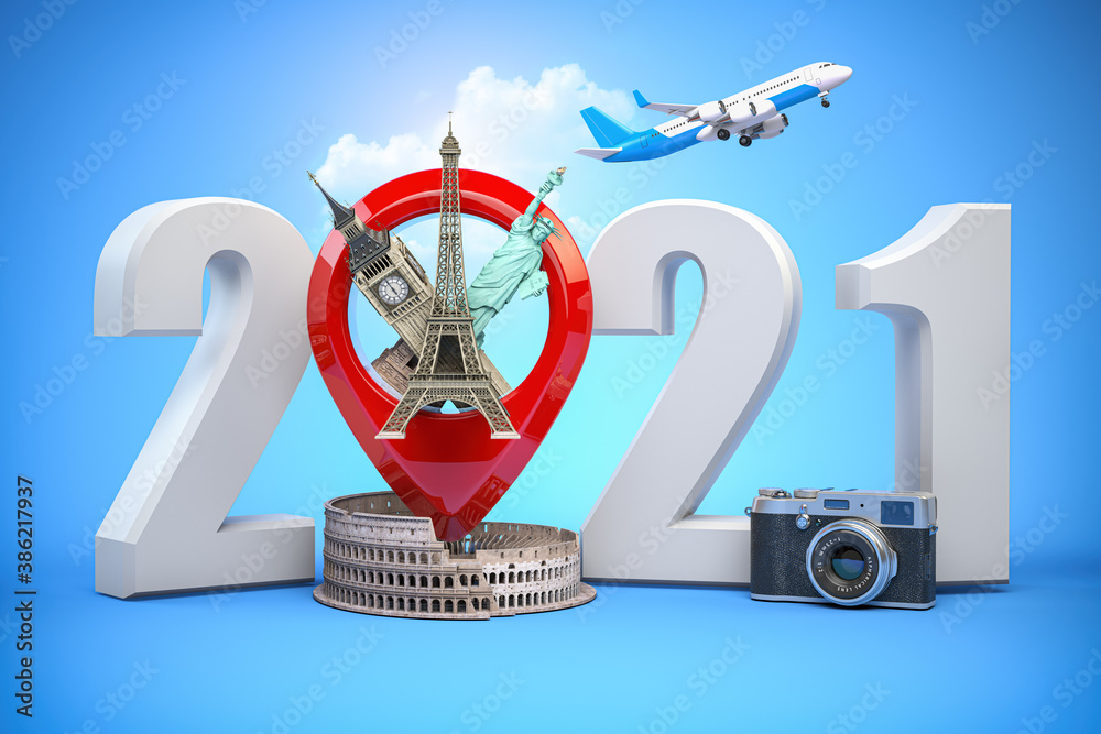 2020 Happy new year. Number 2020 and pin with most popular landmarks of the world. New year celebration in London, Paris, Rome or New York. - obrazy, fototapety, plakaty 