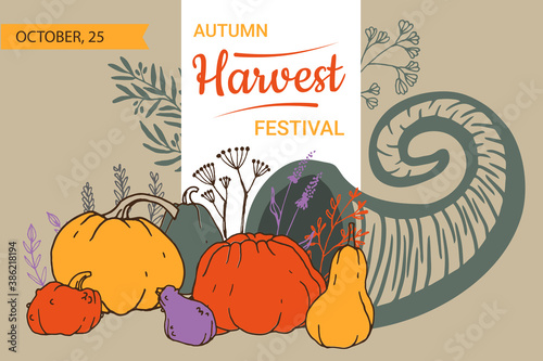 Autumn harvest festival banner concept with cornucopia, pumpkins, leaves and floral element. Hand drawn vector illustration for prints, flyers, banners, invitation cards.