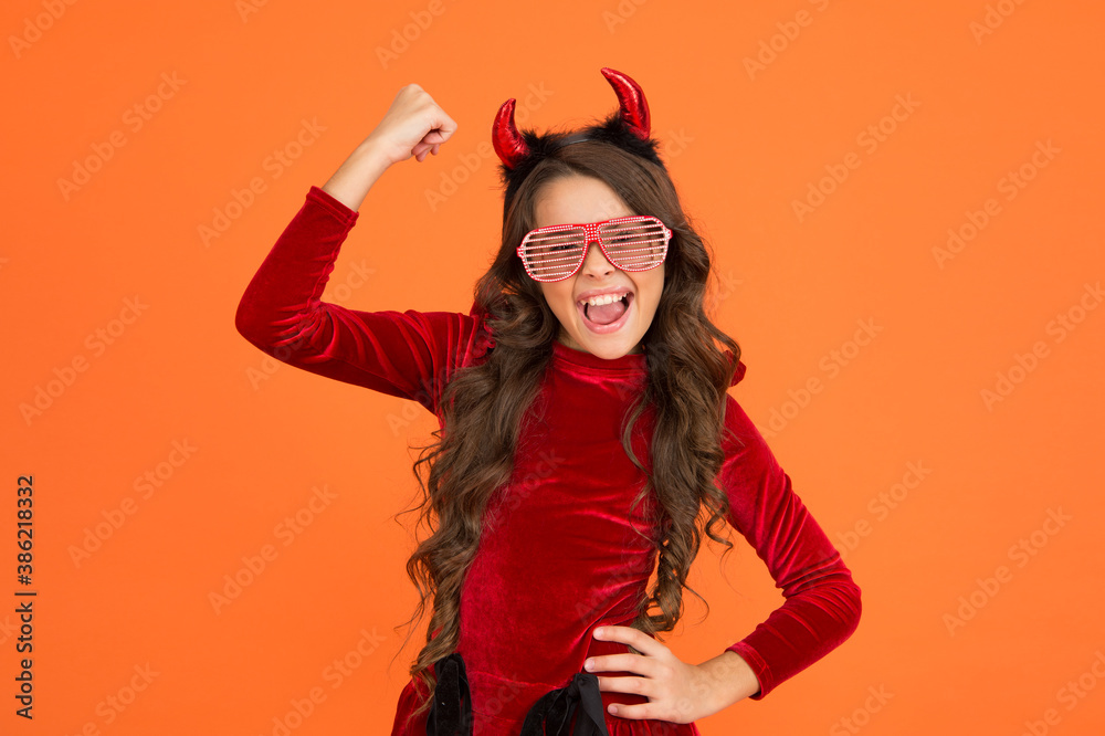 finally this happened. be in trend. happy halloween. smiling child in devil horns. kid wear funny party glasses. just having fun. childhood happiness. teen girl ready to celebrate costume party finally this happened. be in trend. happy halloween. smiling child in devil horns. kid wear funny party glasses. just having fun. childhood happiness. teen girl ready to celebrate costume party