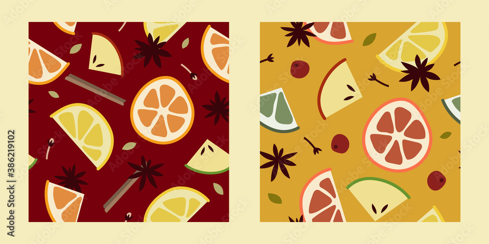 Christmas mulled wine with citrus fruit, apple, cinnamon, clove, cardamom, anise. Red and white wine, sangria, apple cider. Winter hot drink. Traditional xmas beverage. Vector cartoon seamless pattern