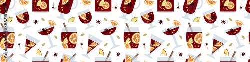 Christmas mulled red wine with citrus fruit, apple, cinnamon, clove, cardamom and anise. Sangria. Winter hot drink in glass. Traditional xmas beverage. Vector seamless pattern, flat cartoon style