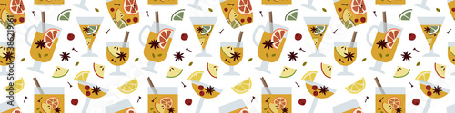 Christmas mulled white wine with citrus fruit, apple, cinnamon, clove, cardamom, anise. Winter hot drink in glass. Sangria, apple cider. Traditional xmas beverage. Vector flat cartoon seamless pattern