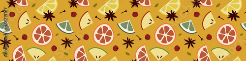 Christmas mulled white wine with citrus fruit, apple, cinnamon, clove, cardamom, anise. Winter hot drink. Sangria, apple cider. Traditional xmas beverage. Vector flat cartoon seamless pattern