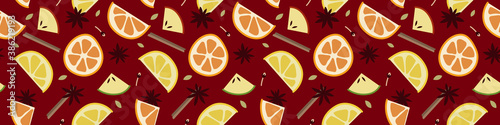 Christmas mulled red wine with citrus fruit, apple, cinnamon, clove, cardamom and anise. Sangria. Winter hot drink. Traditional xmas beverage. Vector seamless pattern, flat cartoon style