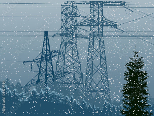 cyan electrical power pylons under flowfall