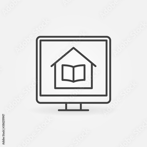 House with Book on Computer Screen outline icon. Homeschooling vector concept linear symbol