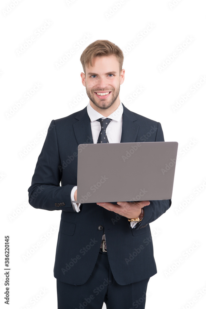 Happy employee in formal style suit use laptop computer device for working online, technology Happy employee in formal style suit use laptop computer device for working online, technology