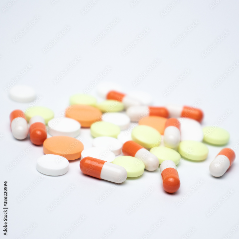 Pile of tablets close-up on white background Pile of tablets close-up on white background
