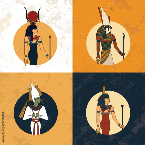 Illustration of the gods and symbols of ancient Egypt isolated against the vintage background. Egyptian gods and godness Hathor, Horus, Osiris and Isis.