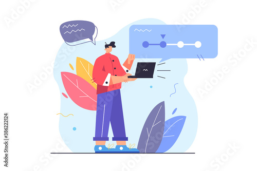 Guy fills out step by step forms while working on laptop, working on the internet isolated on white background, flat vector illustration
