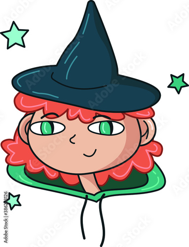 Cute witch in hat cartoob character. Smiling magician girl clipart for Halloween sticker design