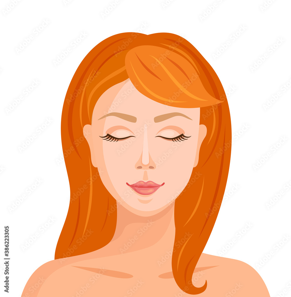 Beautiful sleeping woman in cartoon style. Woman's face with closed eyes and red head. Vector illustration. Beautiful sleeping woman in cartoon style. Woman's face with closed eyes and red head. Vector illustration.
