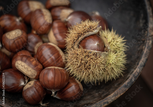 sweet chestnuts rustic composition on daylight