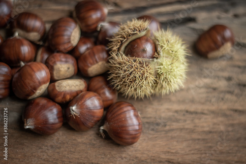 sweet chestnuts rustic composition on daylight