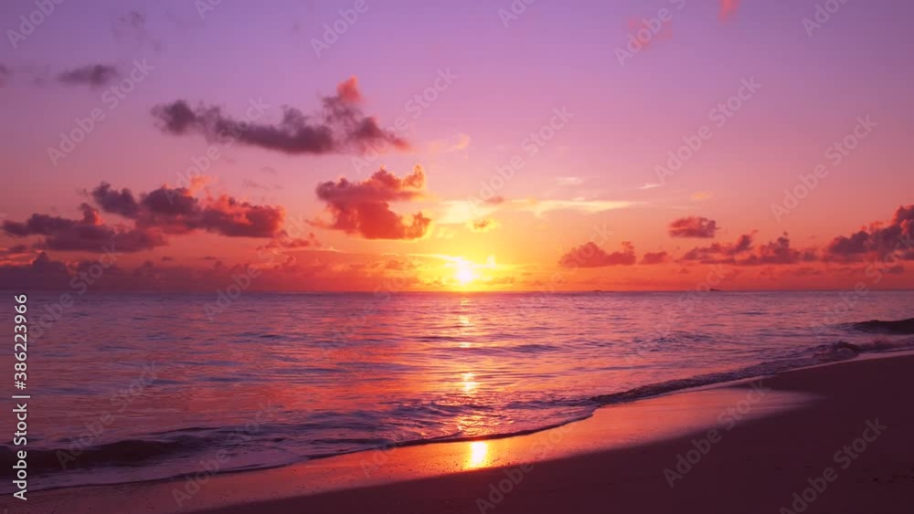 Meeting pink dawn on the beach early morning. The sun rises from the horizon and waves roll on the sand. Beautiful tropical background 
