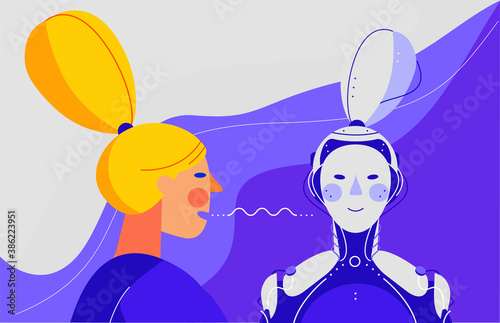 Concept banner with woman command with her voice to the robot. Voice assistant vector illustration.