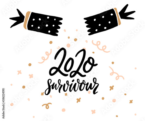 2020 survivour. Funny saying greeting card with opened cracker. Vector Christmas quote.
