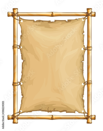 Bamboo frame with old torn textile cloth banner, tight with ropes, with vertical copyspace place for text in cartoon style, isolated white background. Illustration.
