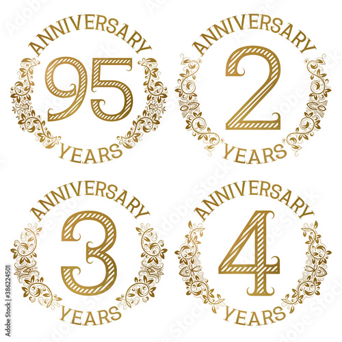 Set of golden anniversary emblems. Ninety fifth, second, third, fourth years signs in vintage style.