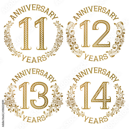 Set of golden anniversary emblems. Eleventh, twelfth, thirteenth, fourteenth years signs in vintage style.