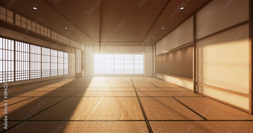 The design of the Japanese style room is spacious And light in natural tones. 3D rendering