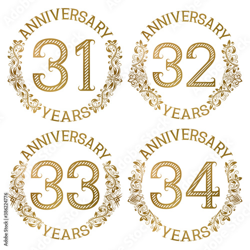 Set of golden anniversary emblems. Thirty first, thirty second, thirty third, thirty fourth years signs in vintage style.