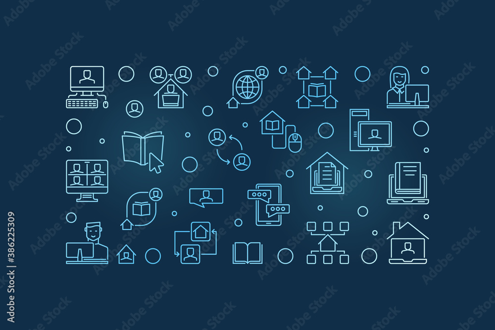 Online Education vector concept blue outline horizontal banner or illustration on dark background Online Education vector concept blue outline horizontal banner or illustration on dark background