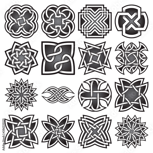 Set of abstract sacred geometry symbols in Celtic knots style. Tribal tattoo signs collection.