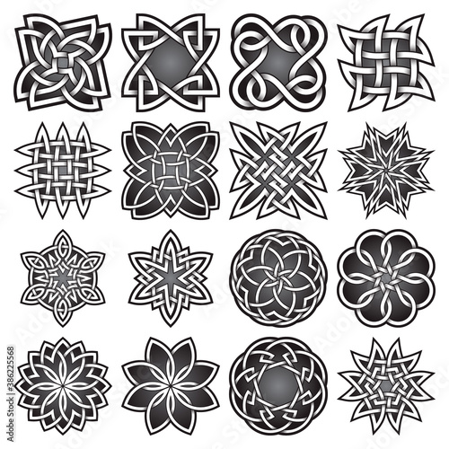 Set of abstract sacred geometry symbols in Celtic knots style. Tribal tattoo signs collection.