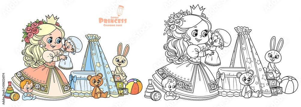 Obraz premium Cute blond princess playing with dolls outlined and color for coloring book