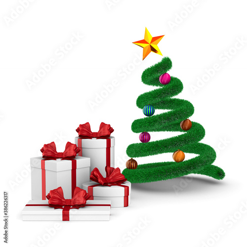 gift boxes with red bow and christmas tree on white background. Isolated 3D i...