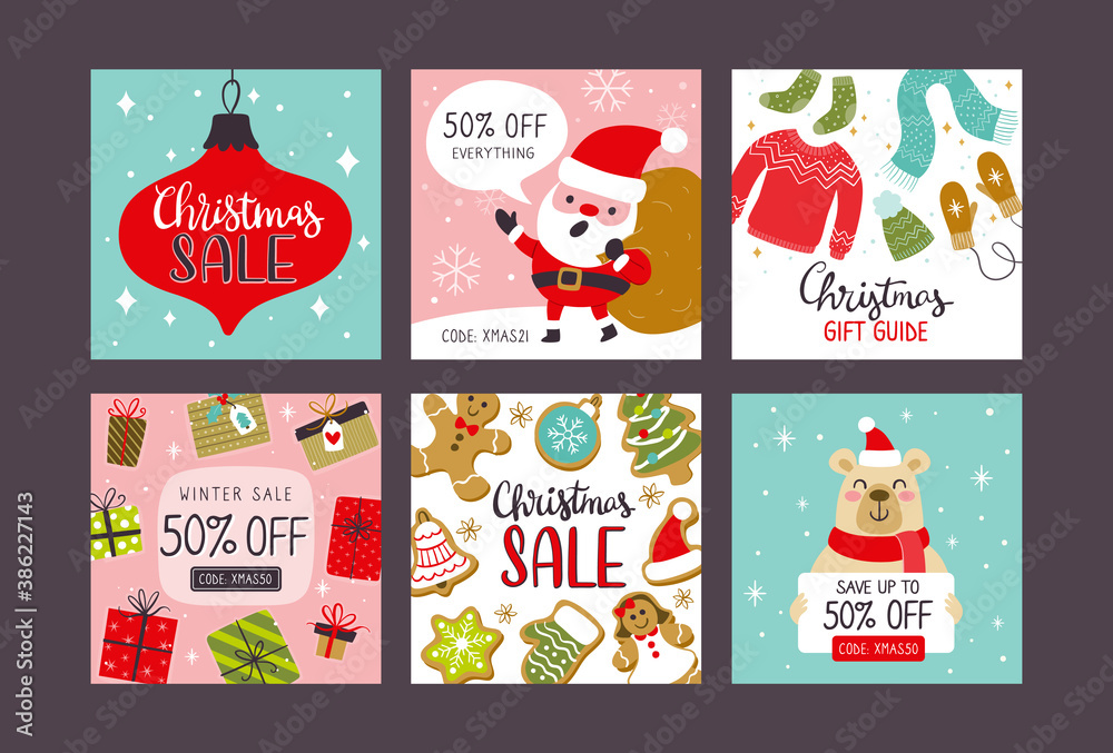 Collection of Christmas sale square banners for social media posts. EPS10 vector illustration.