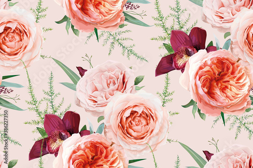 Vector, watercolor seamless floral pattern, textile fabric background design. Blush peach, light pale coral Rose flowers, burgundy orchid, greenery fern leaves, eucalyptus bouquet. Botanical wallpaper