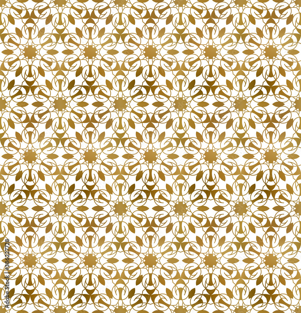 Traditional arabesque seamless pattern. Repeatable background of golden shapes and lines.