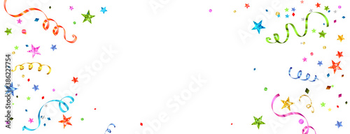 Celebration background with ribbons isolated on white. Falling confetti, holiday border. Colorful festive decoration. For Christmas, New Year banners, birthday or wedding invitations, party flyers.