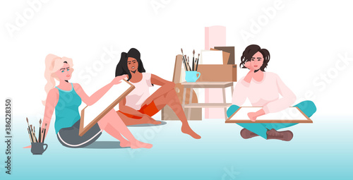 mix race girls artists painting on canvas women using paint brushes and drawing together in workshop horizontal full length vector illustration