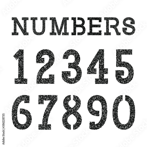 Black stencil spray paint numbers set. Font in grunge style of grainy texture.