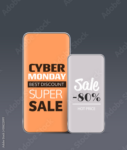 online shopping special offers on smartphone screens cyber monday sale holiday discounts e-commerce concept vertical vector illustration