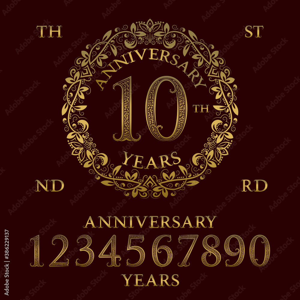 Anniversary sign kit. Golden numbers, frame and some words for creating celebration emblems. Anniversary sign kit. Golden numbers, frame and some words for creating celebration emblems.