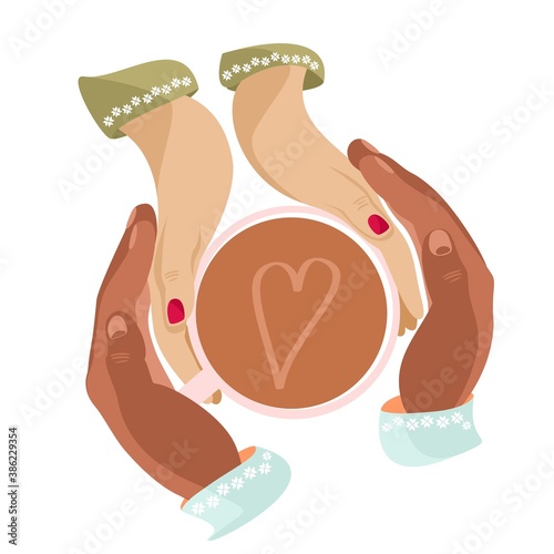 Multiracial couple holding hands with a cup of coffee. Winter and autumn cozy concept with cappuccino in big mug. Hot coffee break, cup mug. Top view vector illustration. Holiday theme.