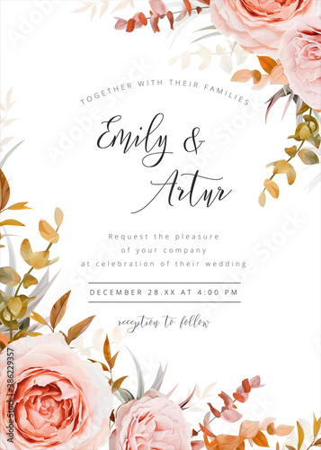 Vector wedding floral invite card design in warm fall, winter tones. Pink, blush peach Rose flowers, taupe, brown beige, orange cream autumn Eucalyptus branch, succulent leaves, fern. Stylish template