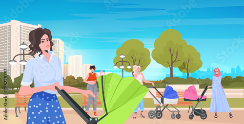 mothers walking with newborn babies in strollers motherhood pregnancy concept urban park cityscape background horizontal vector illustration