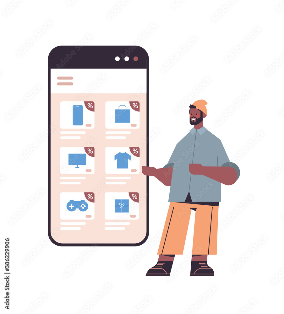 Vecteur Stock man choosing purchases on smartphone screen online shopping cyber  monday sale holiday discounts e-commerce concept full length vector  illustration | Adobe Stock
