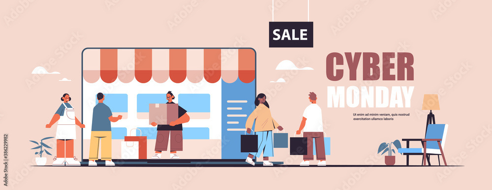 mix race people walking with purchases cyber monday big sale promotion discount online shopping concept full length horizontal copy space vector illustration