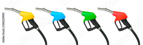 Set of realistic vector illustration of gas gun, gasoline petrol dispenser in different colors with metal nozzle and black handle