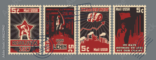Retro Communism Propaganda Postage Stamps Old Soviet Postmarks Stylization