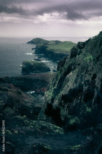 Panoramic of the jagged island coast of Ponta de São Lourenço on a stormy day, Madeira, Portugal 