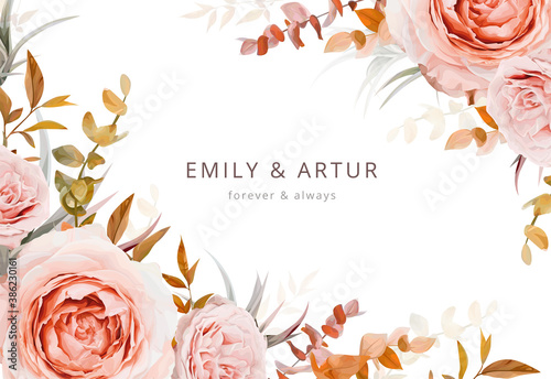 Vector wedding invite card, poster, banner design. Warm fall colors. Pink, blush peach Rose flowers, autumn brown beige, orange red sepia Eucalyptus branches, foliage, leaves decorative frame template