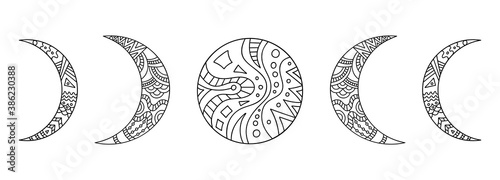 Moon phases in outline style. Vector hand drawn crescent moon. Zentangle poster. Modern esoteric magic illustration.