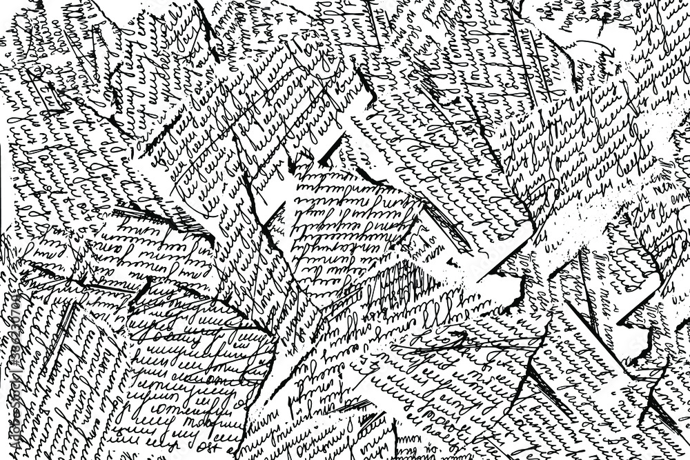 Grunge texture of scraps of handwritten text. Unreadable sloppy handwriting. 